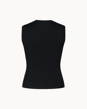 Black sleeveless top on a white background