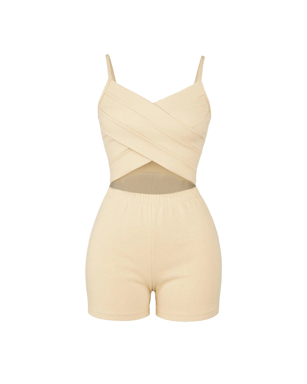 Beige romper with criss-cross detail on a white background