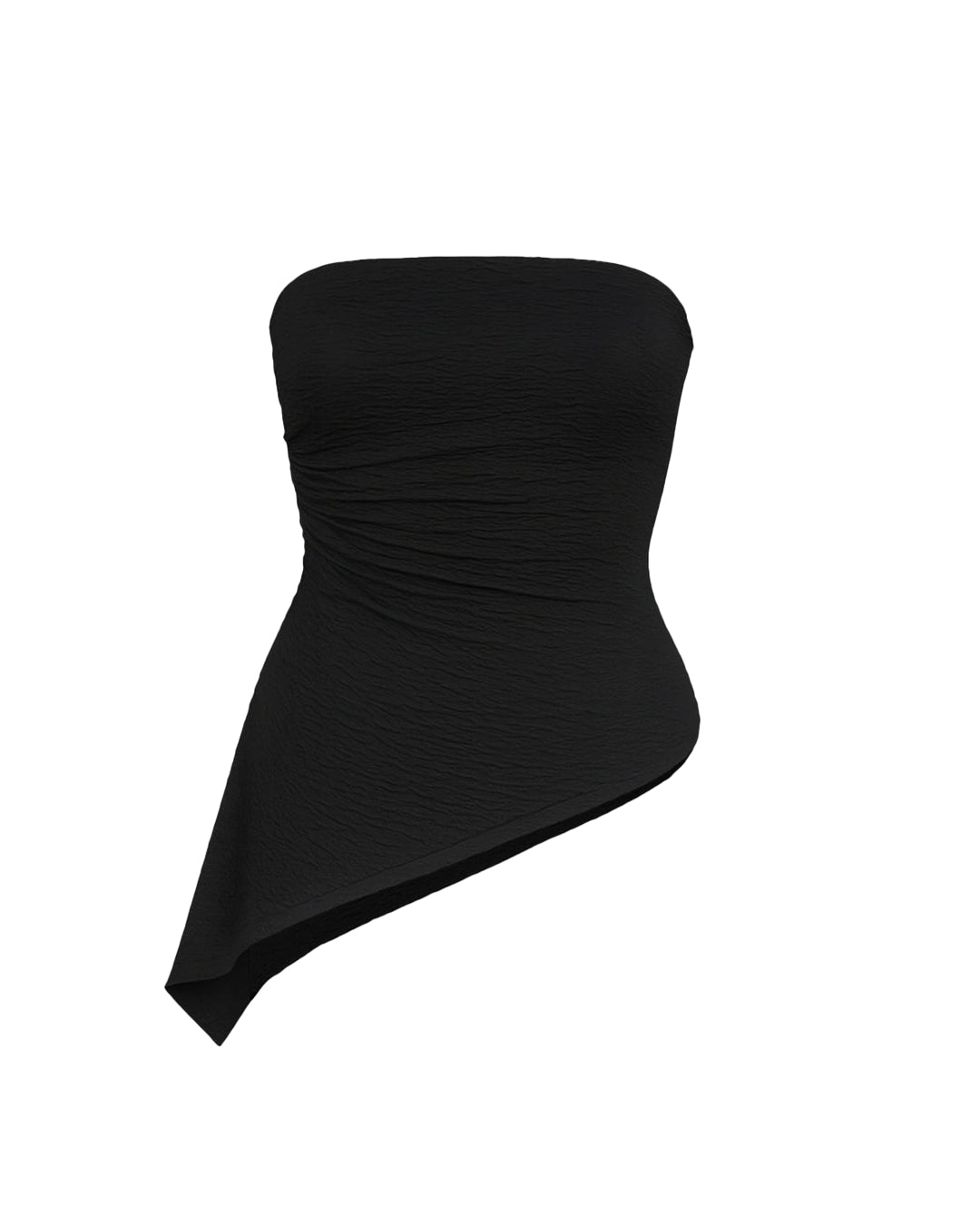 Black strapless top with an asymmetrical hem on a white background