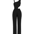Black one-shoulder jumpsuit on a white background