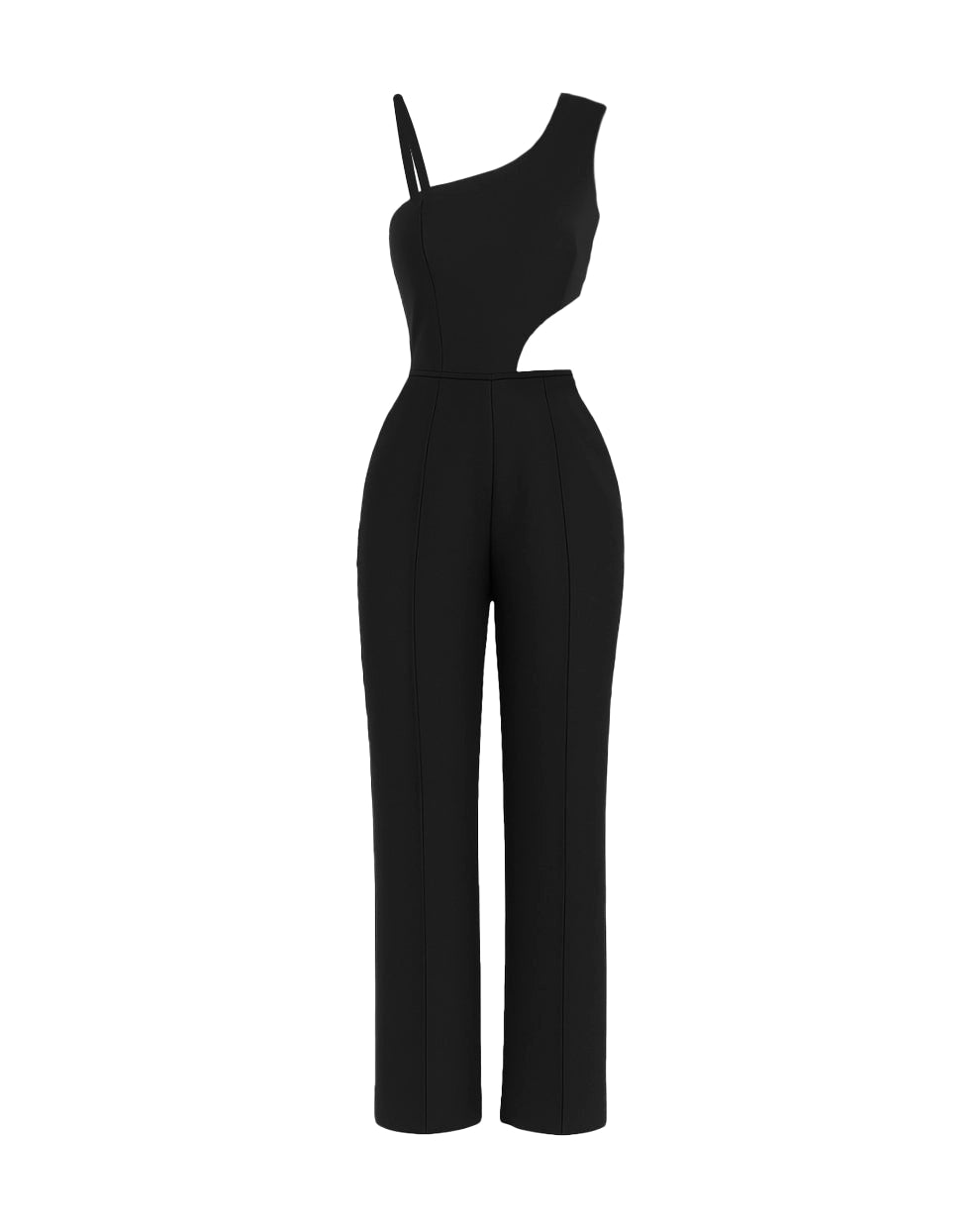 Black one-shoulder jumpsuit on a white background