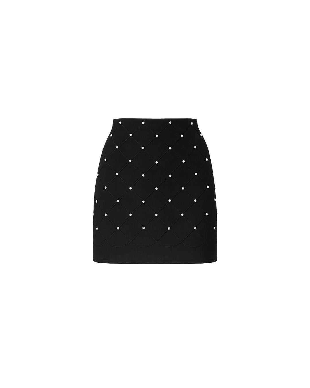 Black mini skirt with white polka dots on a white background