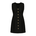 Black sleeveless dress with gold buttons on a white background