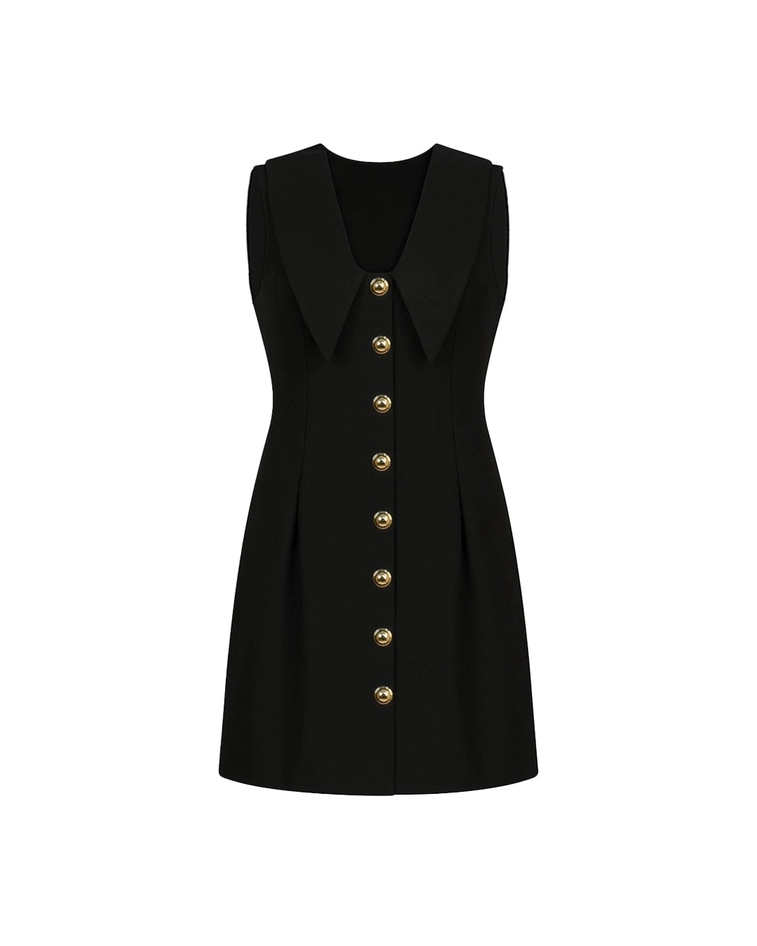 Black sleeveless dress with gold buttons on a white background