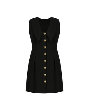 Black sleeveless dress with gold buttons on a white background