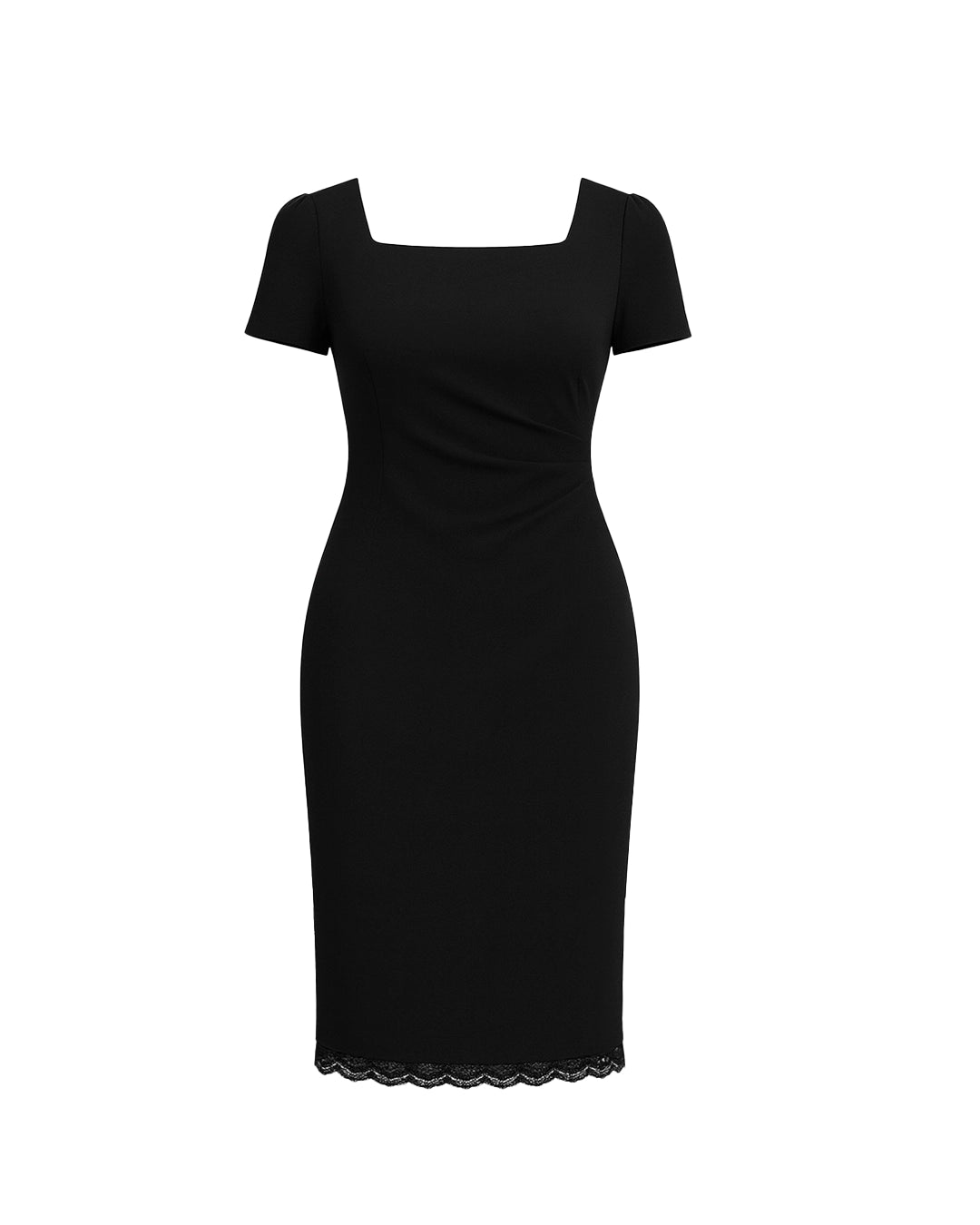 Black dress with scalloped hem on a white background
