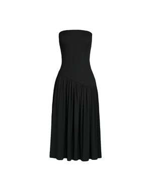 Black strapless dress on a white background