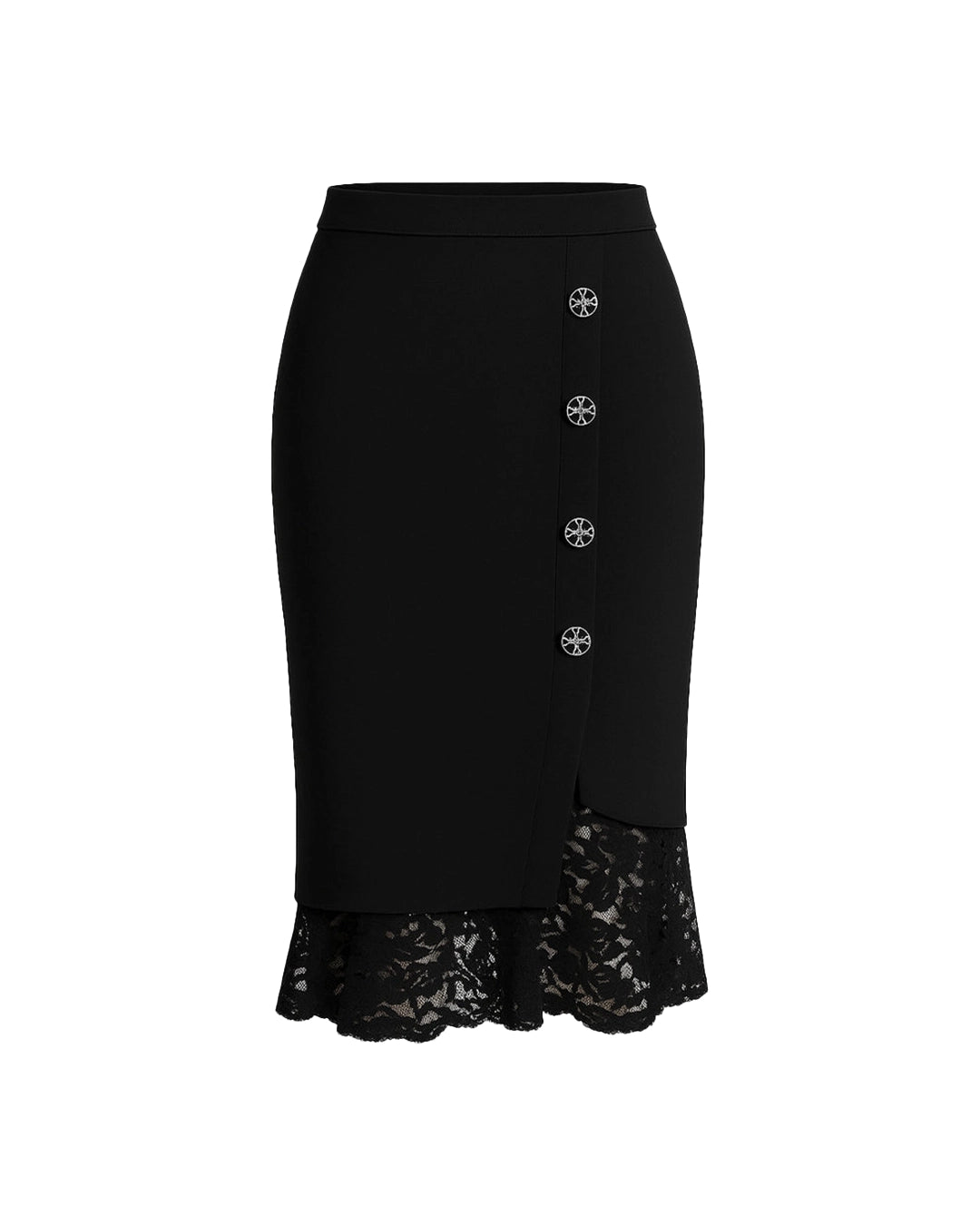 Black skirt with lace hem and buttons on a white background