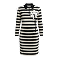 Black and white striped dress with a collar and decorative bow on a white background