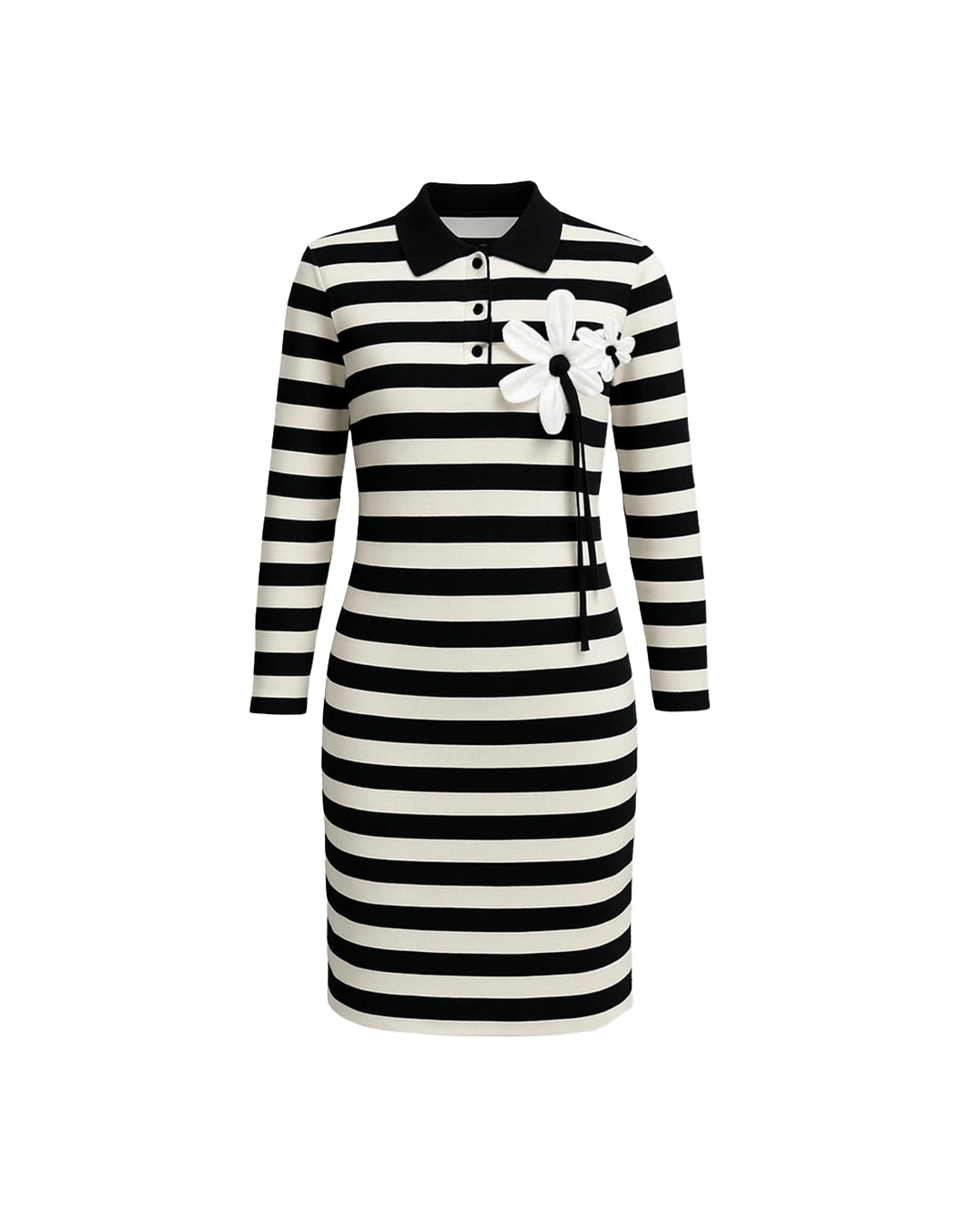Black and white striped dress with a collar and decorative bow on a white background