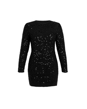 Black dress with sequin details on a white background