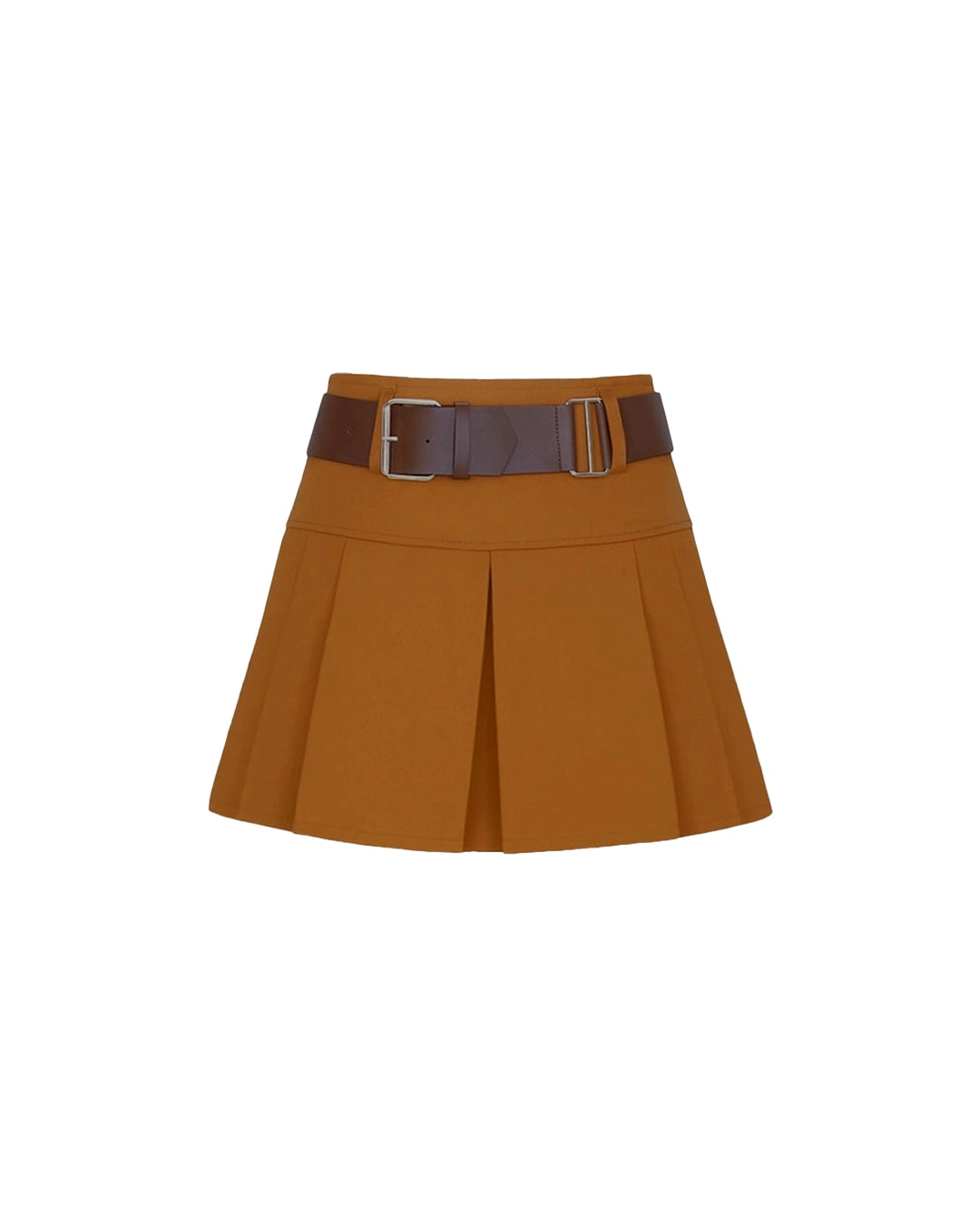 Brown pleated skirt with a belt on a white background