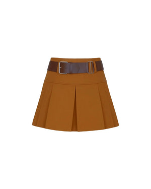 Brown pleated skirt with a belt on a white background