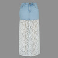 Skirt with blue denim top and white lace bottom on a gray background