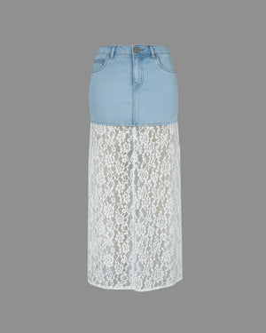 Skirt with blue denim top and white lace bottom on a gray background