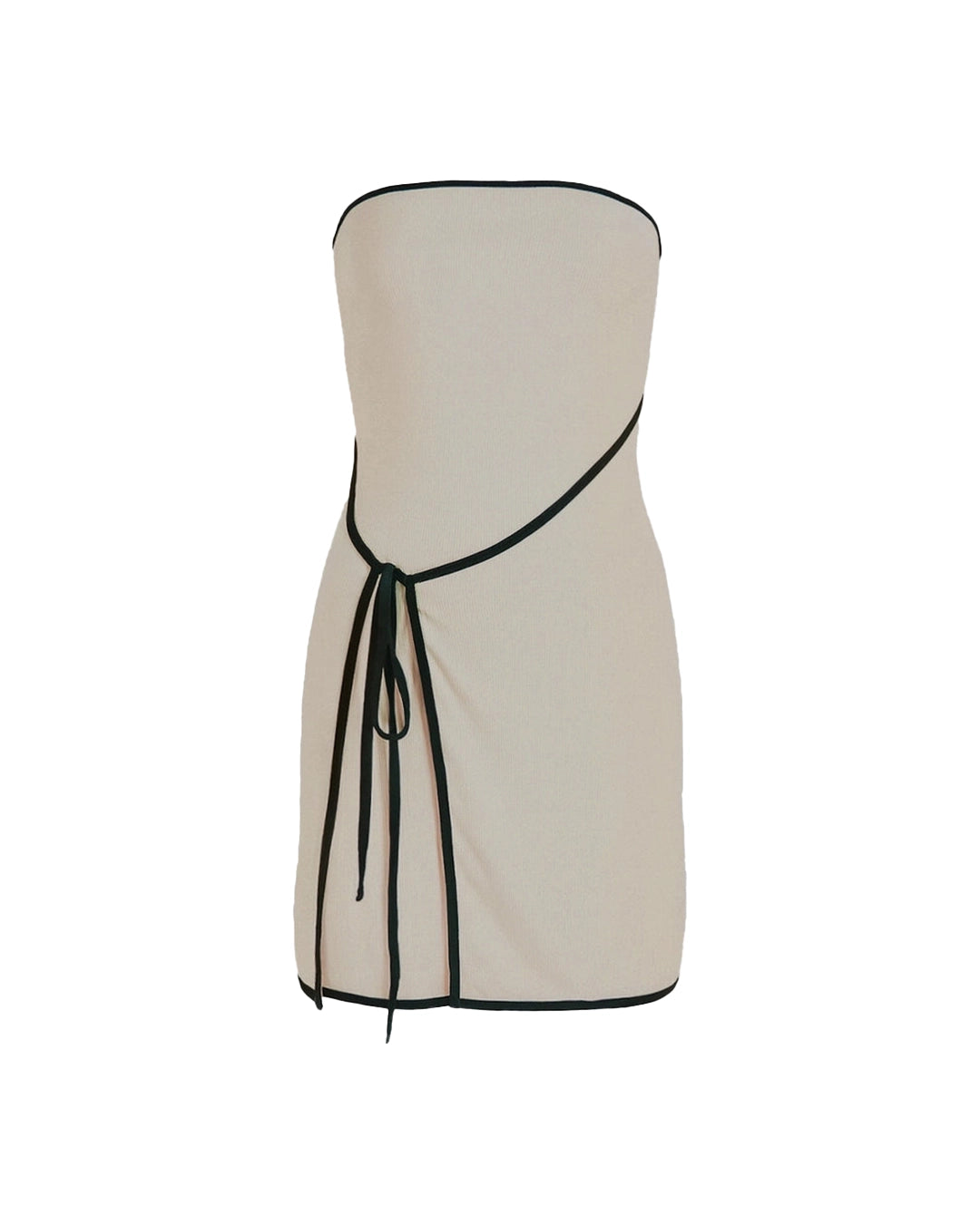 Beige strapless dress with black trim on a white background