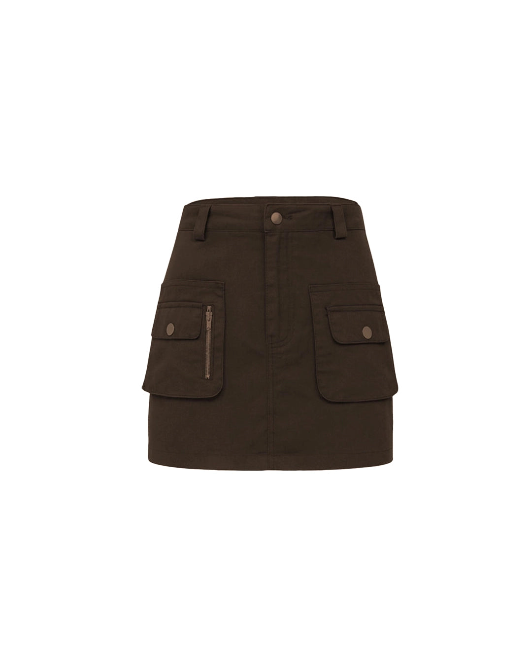 Brown skirt with multiple pockets on a white background