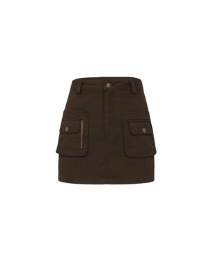 Brown skirt with multiple pockets on a white background