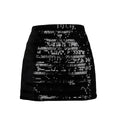 Black mini skirt with white text pattern on a white background