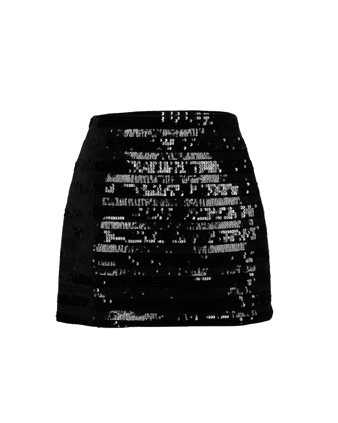 Black mini skirt with white text pattern on a white background