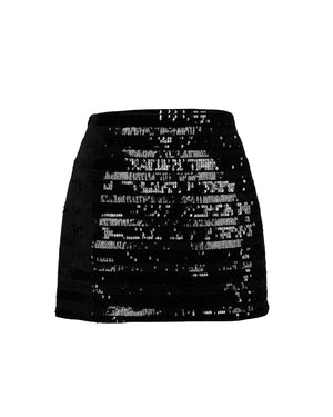Black mini skirt with white text pattern on a white background