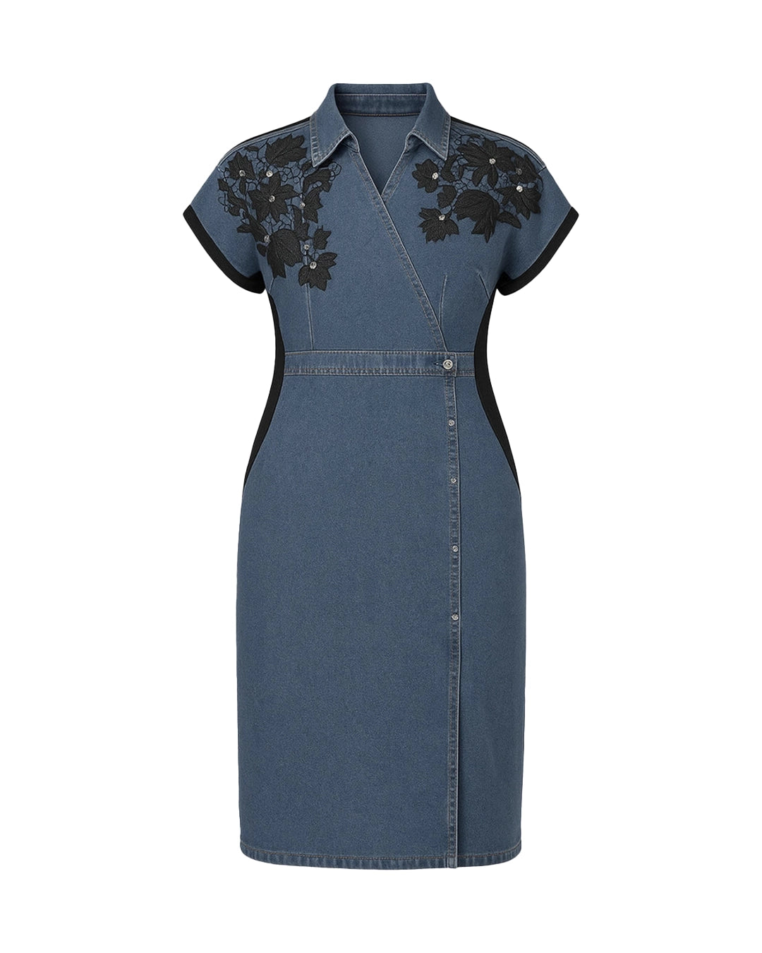 Blue denim dress with black floral embroidery on a white background