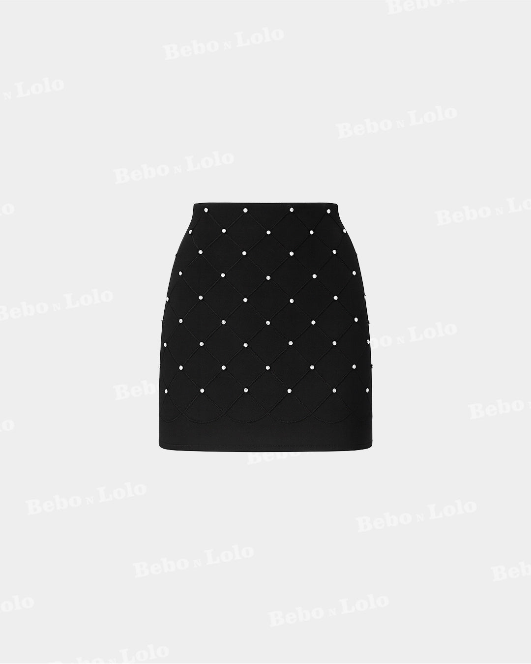 BeboNLolo black embellished high-waist mini skirt with pearl studded diamond pattern – Front View