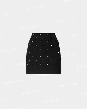 BeboNLolo black embellished high-waist mini skirt with pearl studded diamond pattern – Front View