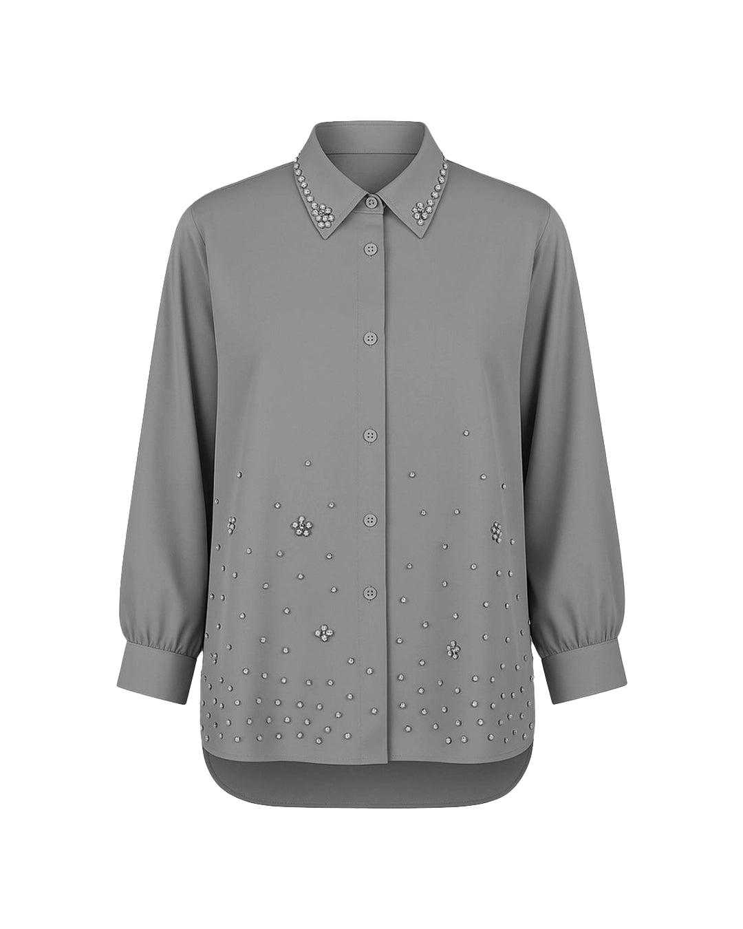 Gray blouse with decorative embellishments on a white background