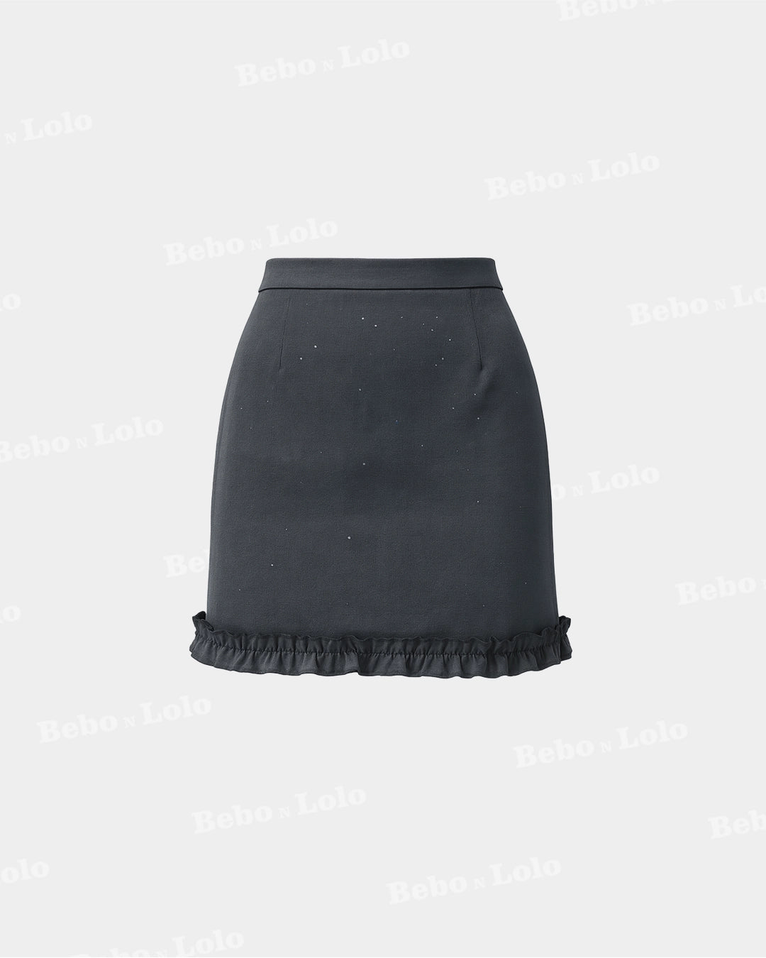 BeboNLolo black high-waist mini skirt with subtle embellishments and ruffle hem – Front View