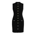 Black dress with gold buttons on a white background