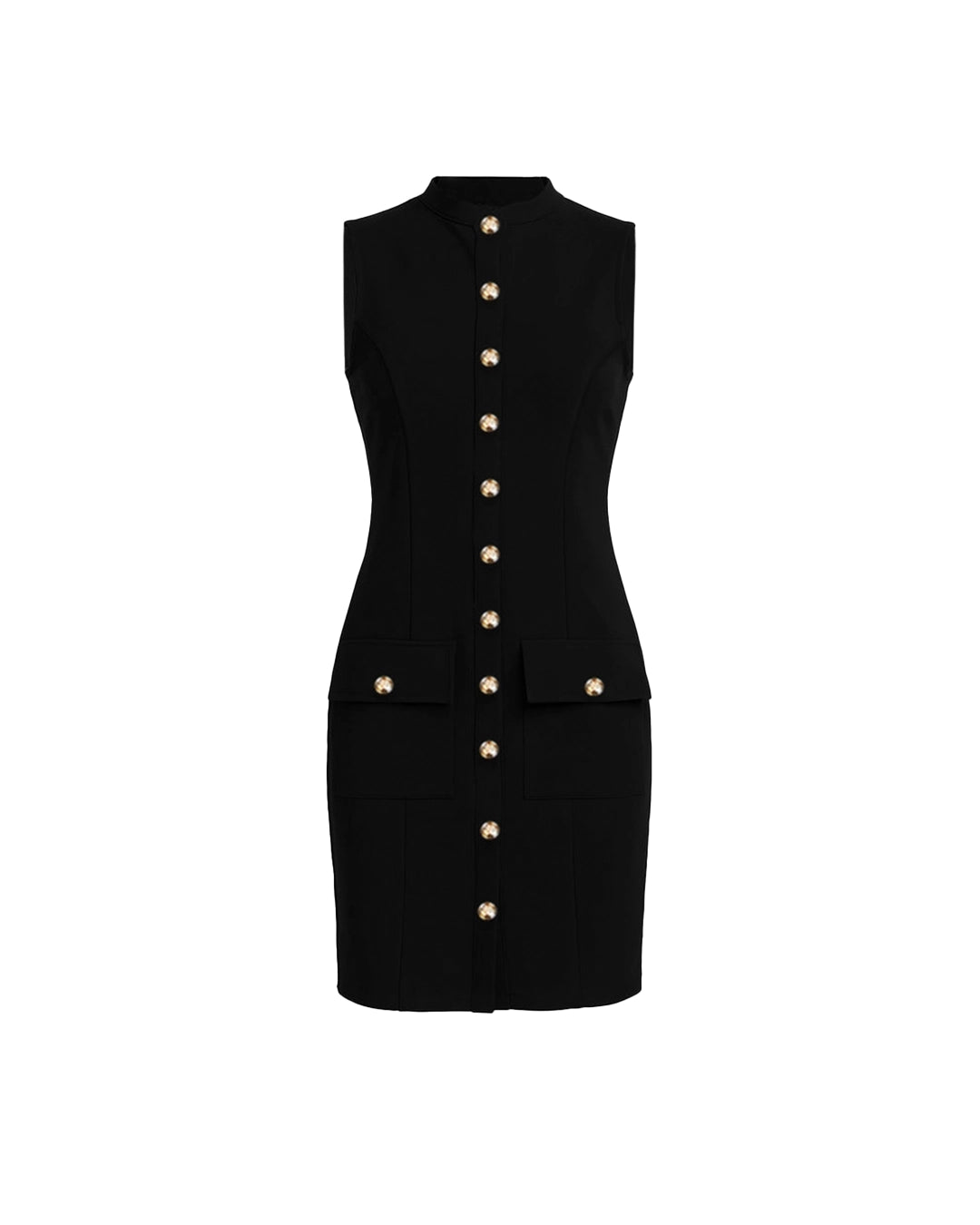 Black dress with gold buttons on a white background