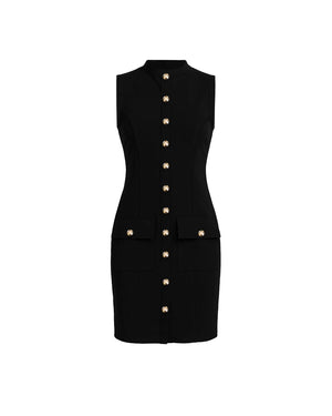 Black dress with gold buttons on a white background