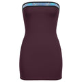 Purple strapless dress with a decorative band on a white background