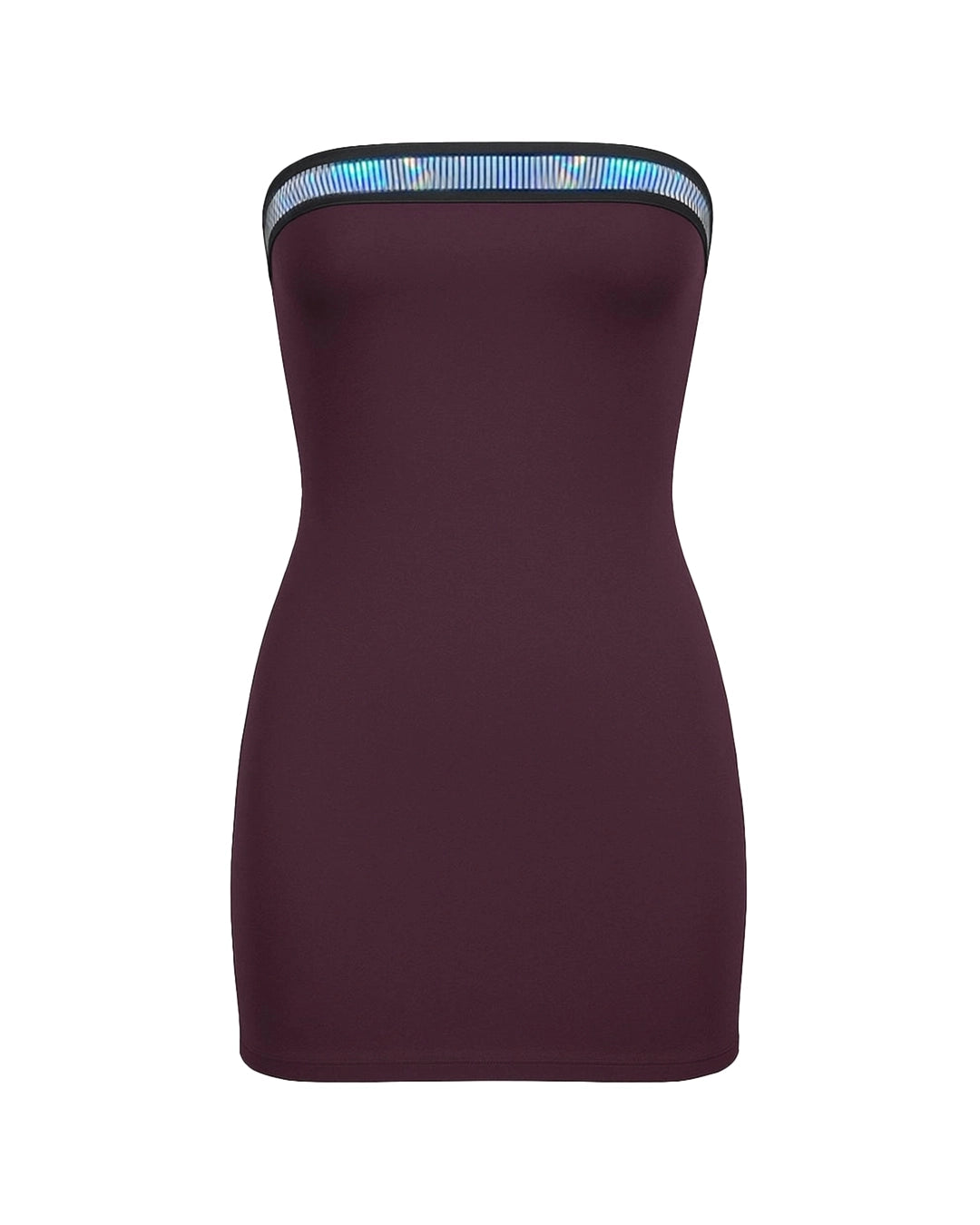 Purple strapless dress with a decorative band on a white background