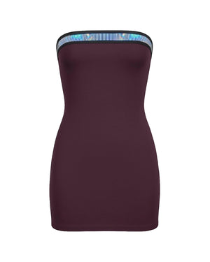Purple strapless dress with a decorative band on a white background