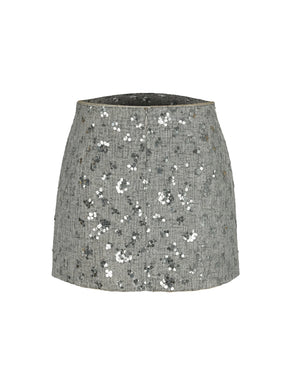 Silver sequin skirt on a white background