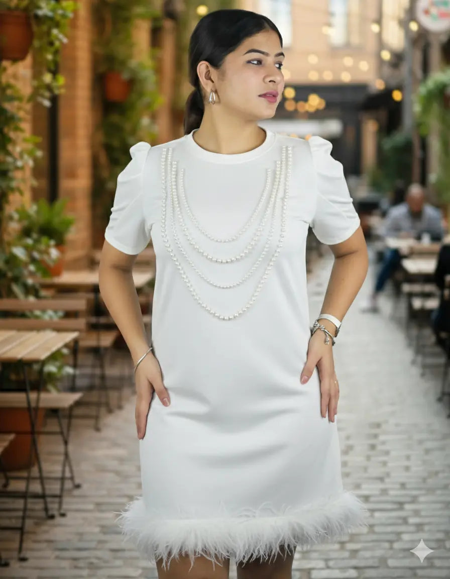 Woman wearing a white dress with feather details in an outdoor setting