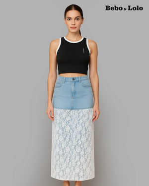 Lace Patchwork Denim Skirt - bebonlolo