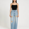 Crystal Heart Cutout Embellished Denim