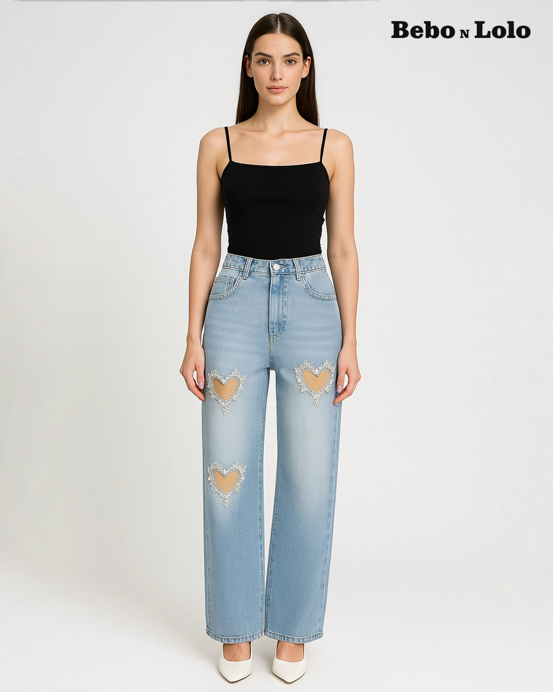 Crystal Heart Cutout Embellished Denim