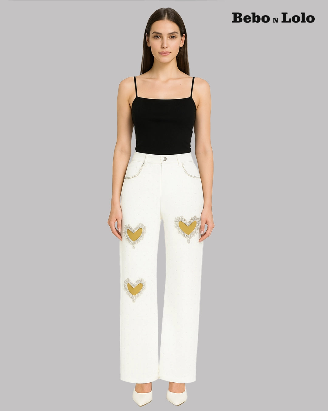 Crystal Heart Cutout Embellished Denim