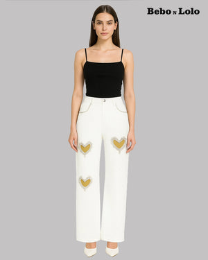 Crystal Heart Cutout Embellished Denim
