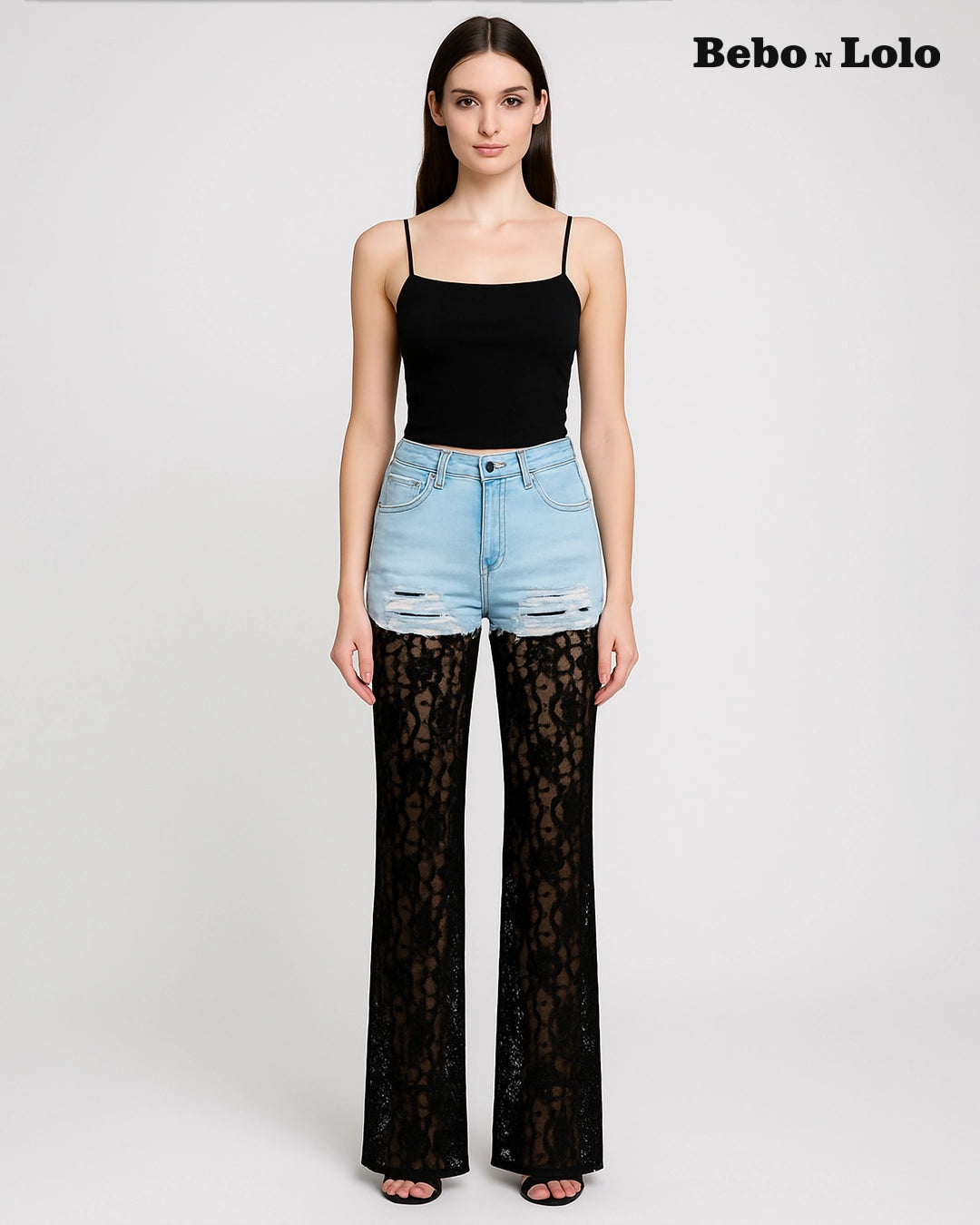 Denim Luxe Lace Fusion Flared Pants - bebonlolo