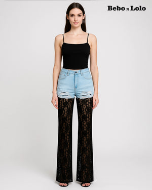 Denim Luxe Lace Fusion Flared Pants - bebonlolo