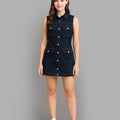 BeboNLolo sleeveless button-down denim mini dress with front pockets – Front View