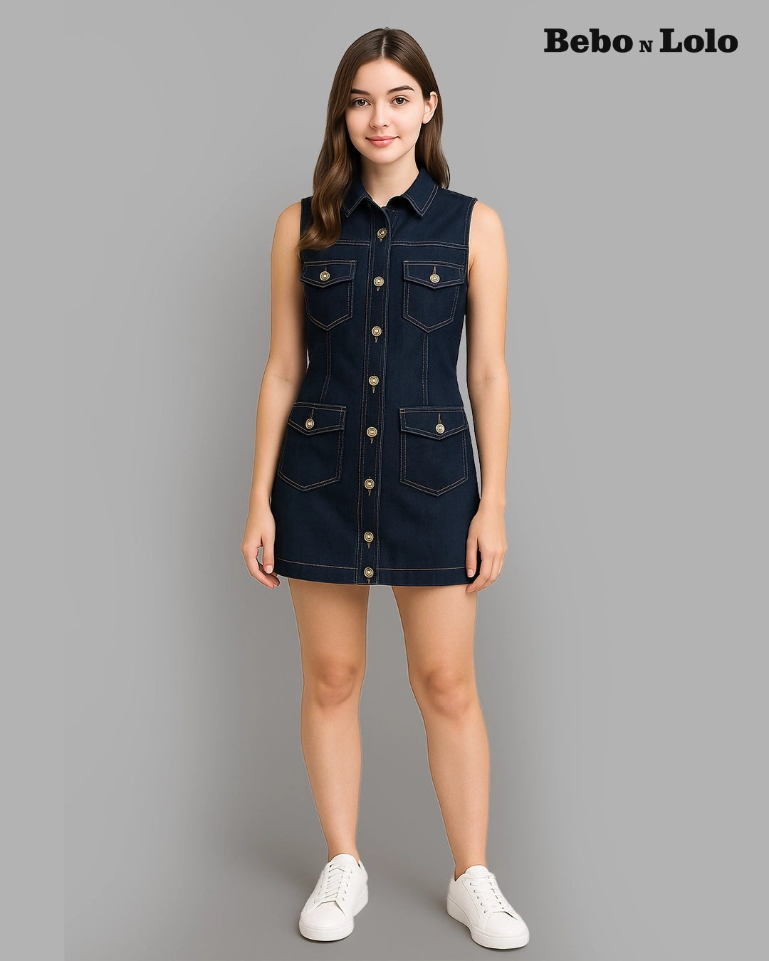 BeboNLolo sleeveless button-down denim mini dress with front pockets – Front View
