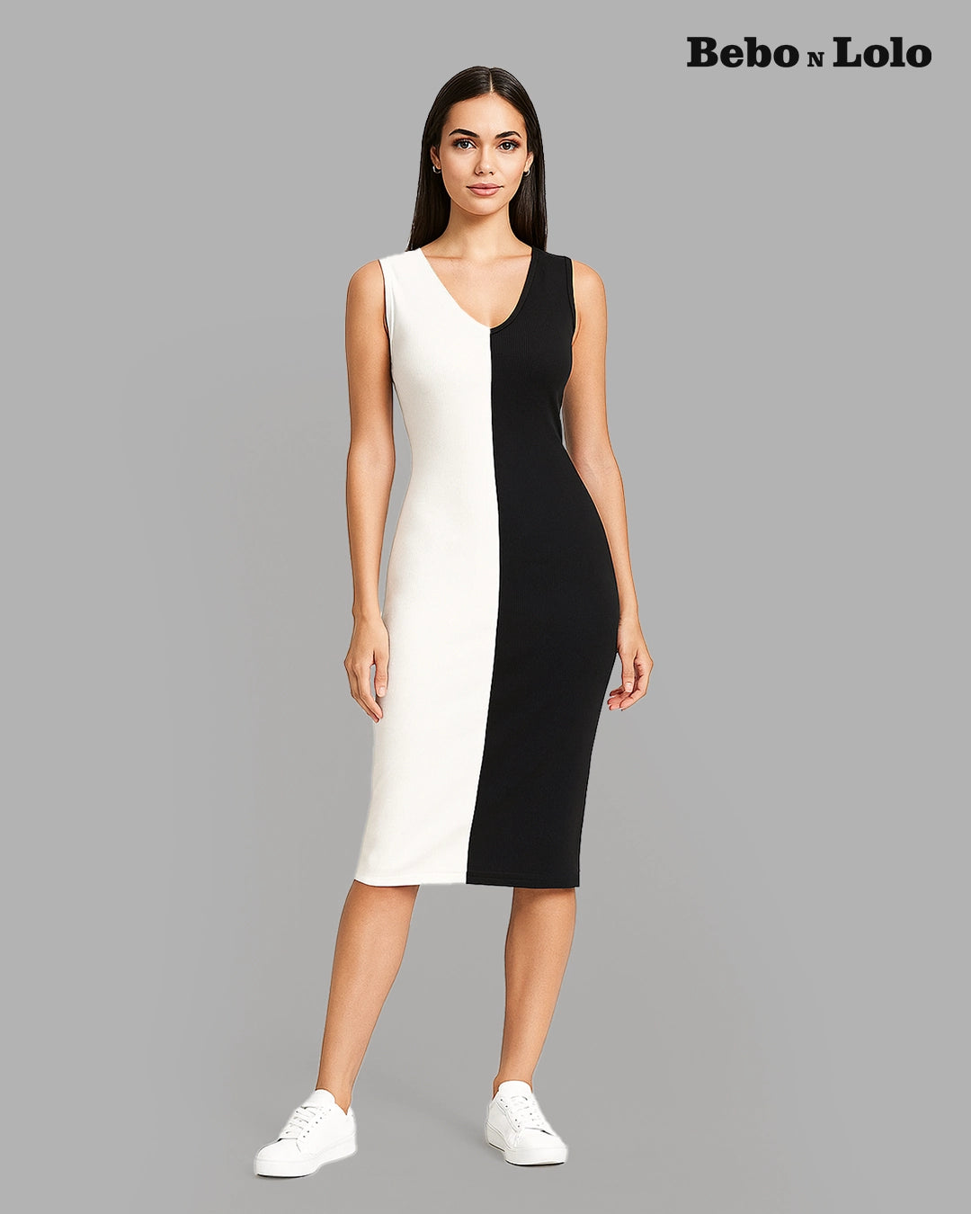 Stretchable Dual Tone Bodycon Midi Dress-front view