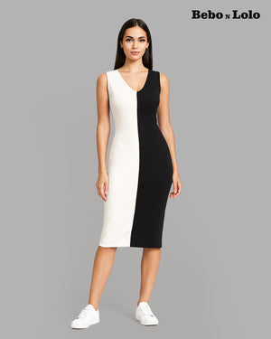 Stretchable Dual Tone Bodycon Midi Dress-front view
