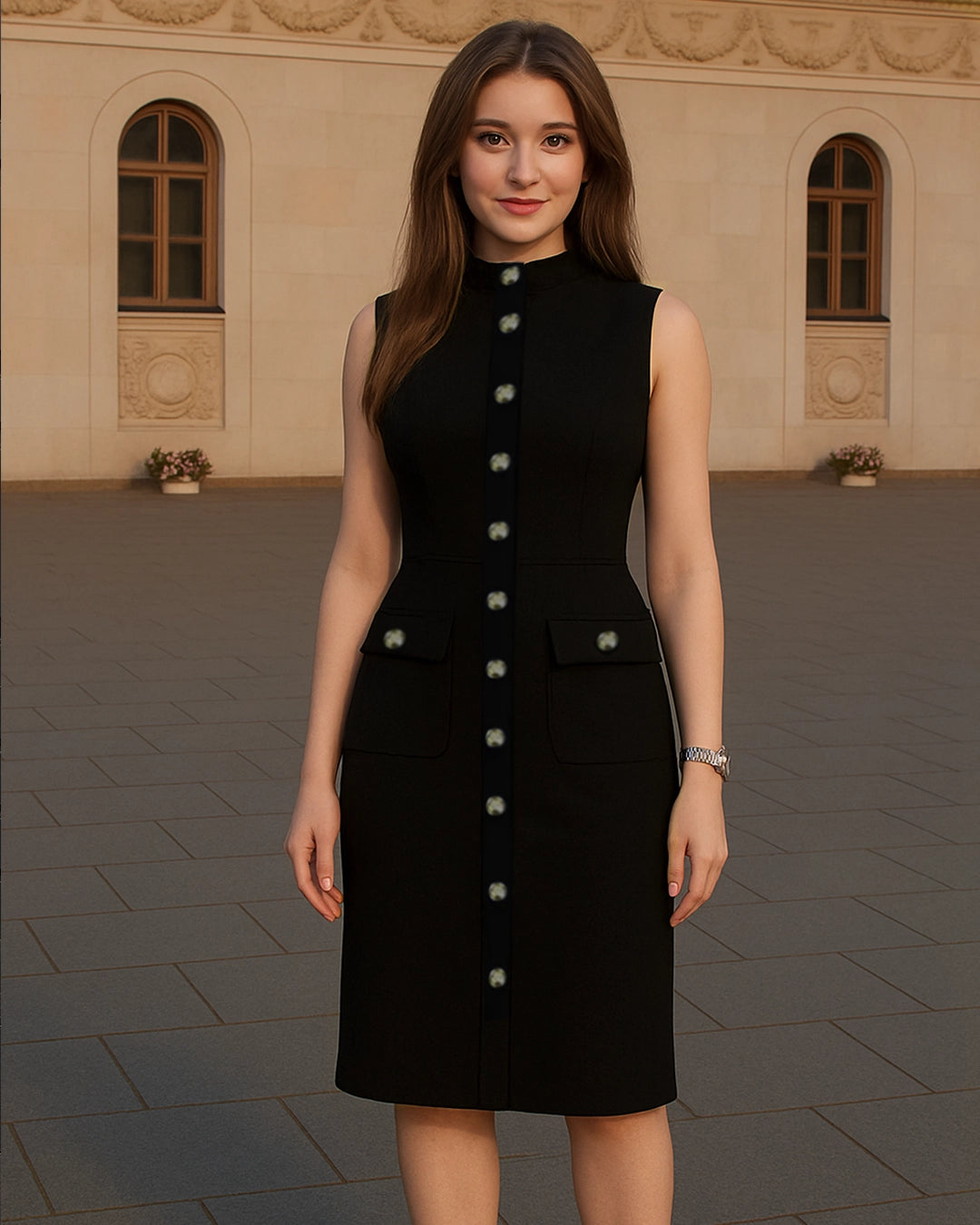 Woman wearing a black dress with white buttons in front of a beige building.